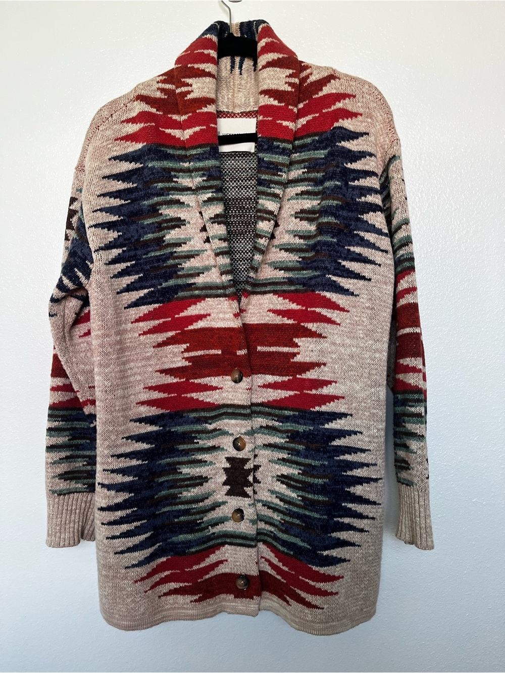 Lucky Brand Aztec Shawl Collar Cardigan in Beige, Red & Navy